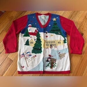 Quacker Factory Christmas Cardigan Sweater Americana Patriotic Angel Flag Size M